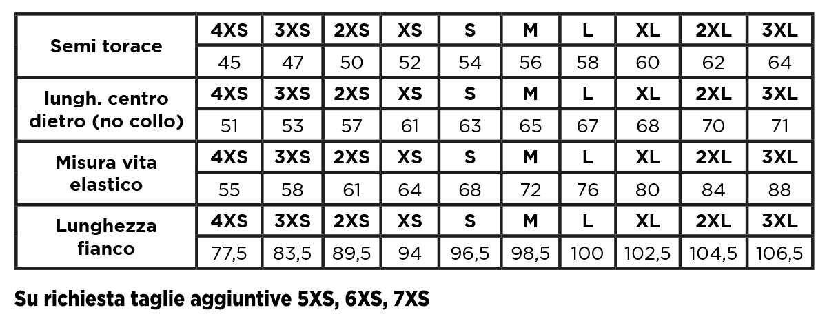 Tabella Taglie Tuta Shiva Uomo