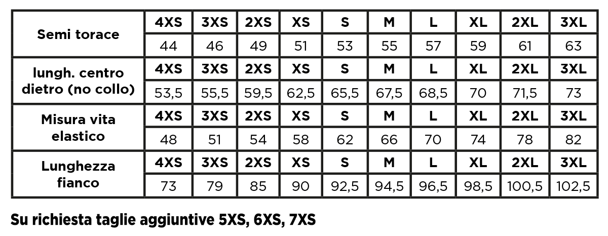 Tabella Taglie Tuta Shiva Donna